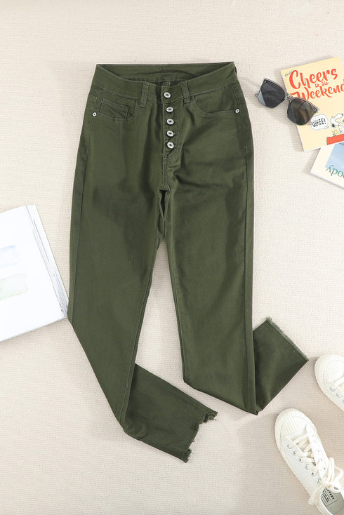 Plain High Waist Buttons Frayed Cropped Denim Jeans